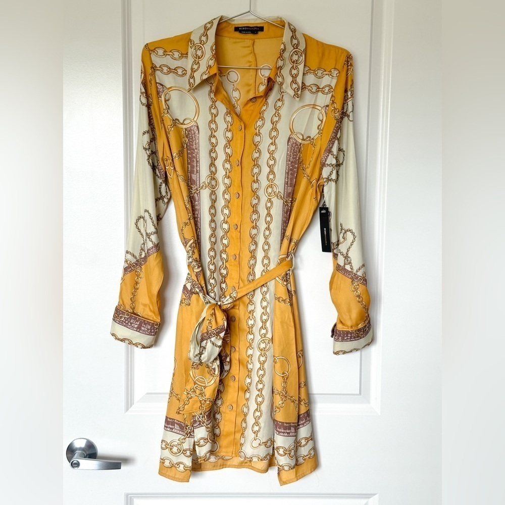 BCBGMaxAzria Crazy Chains Mustard Yellow Shirt Dress Long Sleeve Size L - Picture 3 of 9